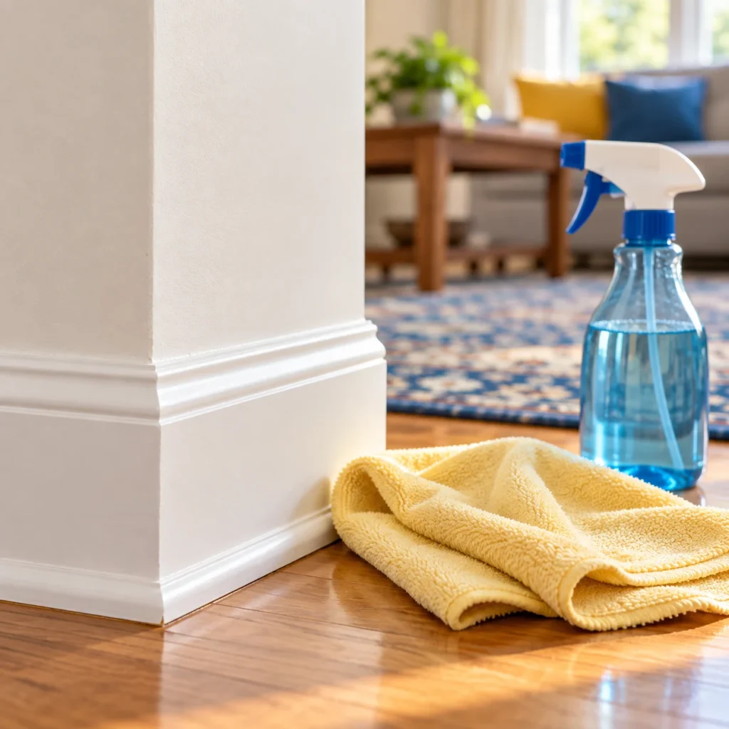 Spray bottle and a yellow cloth by a freshly wiped baseboard