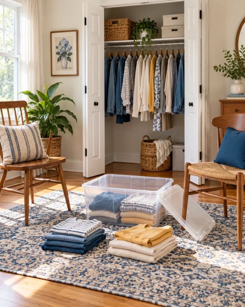 Organized closet with folded clothes, labeled bins and shoes on a rack