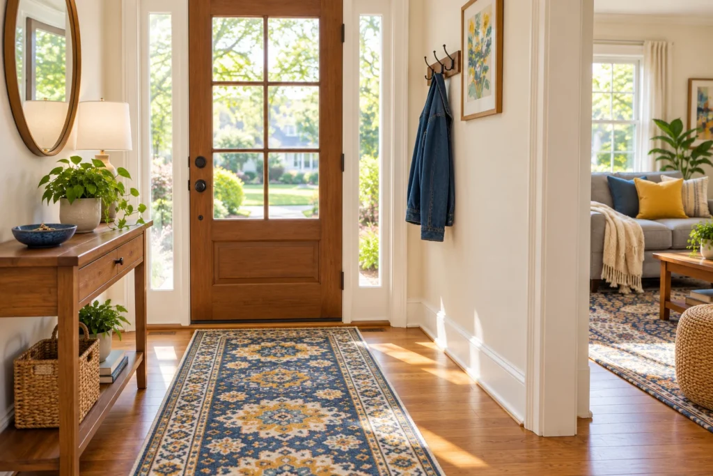 Tidy front entry with a wooden door, a hall table and a blue runner rug
