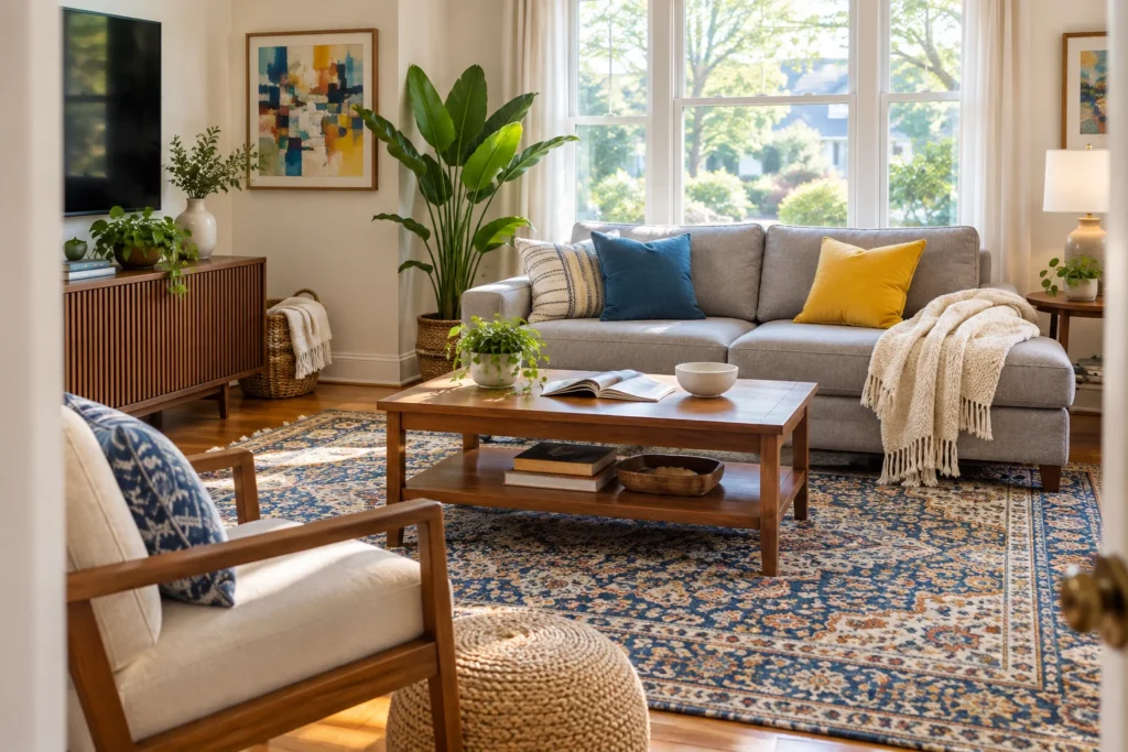 Sunny living room with a gray sofa, blue and yellow pillows and a patterned rug
