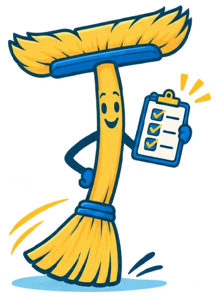 Tidy & Tackled broom mascot holding a checklist