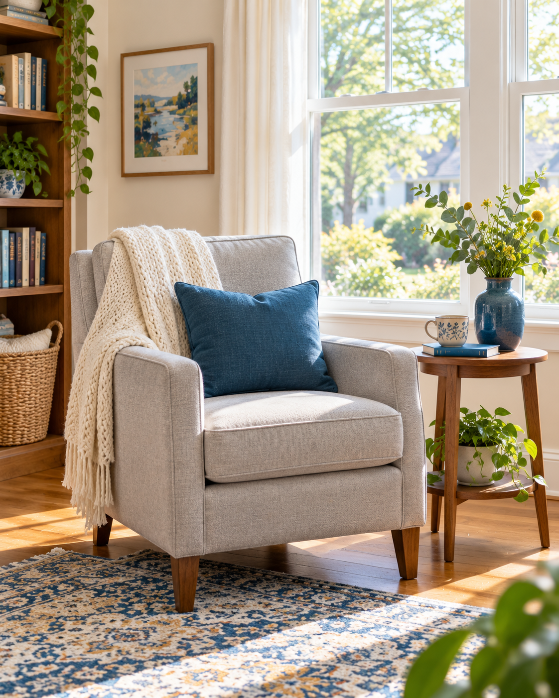 Cozy reading corner with a gray armchair, a blue pillow and a bright window